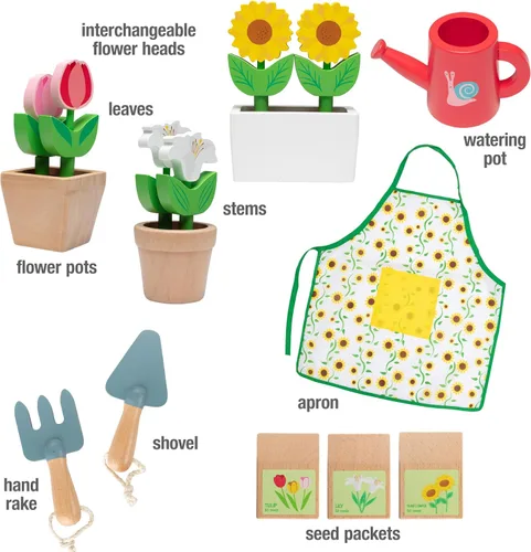 Miniatura 4 de Bloom & Grow Centro de jardinería de juguete de madera para interiores, juego de 22 piezas de soporte de jardín con flores, paquete de semillas