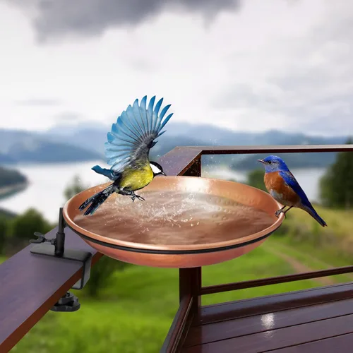 Miniatura 2 de Monarch Abode Baño para pájaros y comedero para pájaros montado en la cubierta para exteriores, cuenco de baño de cobre puro martillado a mano