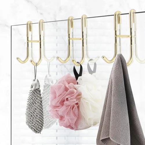 Miniatura 6 de Hitefu 2 ganchos para puerta de ducha, gancho para colgar puertas de vidrio dorado, sin marco, para toallas, bata, trajes de baño, afeitadora, Oro