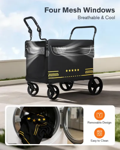 Miniatura 7 de Cochecito para mascotas todo terreno para perros medianos y grandes con rampa, cochecito plegable para perros con frenos, 3 entradas, asas