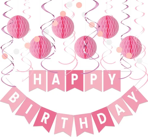 Miniatura 13 de Kit de decoraciones de cumpleaños pastel - Set de 17 piezas con pancarta de feliz cumpleaños pre-hilada, bolas de panal, guirnalda y remolinos