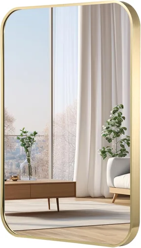 Miniatura 16 de Espejo de pared negro de 20 x 30 pulgadas para baño, espejo con marco de metal cepillado con esquina redondeada, espejo rectangular de tocador