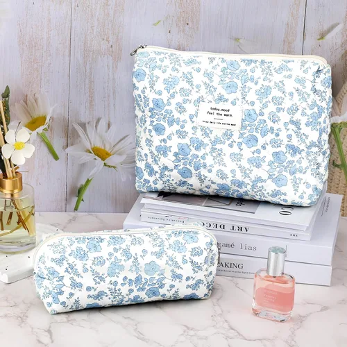Miniatura 3 de 2 bolsas de maquillaje acolchadas de algodón para viaje, bolsa grande y pequeña para mujeres, bolsas de maquillaje de coqueta floral, bonita bolsa