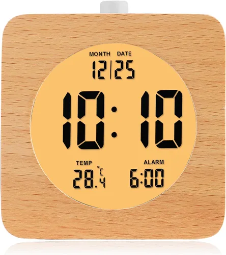 Miniatura 9 de Plumeet Reloj Despertador Digital de Madera para Dormitorios, Reloj Despertador de Madera de 4'' a Batería con Repetición y Luz Nocturna, Reloj