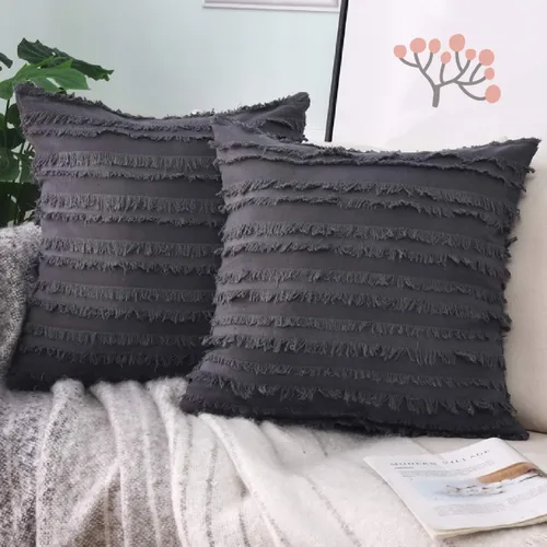 Miniatura 9 de GYROHOME Paquete de 2 fundas de almohada de algodón y lino, fundas de cojín decorativas, diseño de borlas, fundas de cojín modernas con flecos