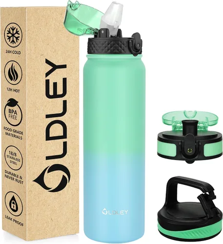 Miniatura 46 de Botella de agua aislada Oldley de 12 oz con pajita, botella de agua de acero inoxidable con 2 tapas, botellas de doble pared con vacío para adultos