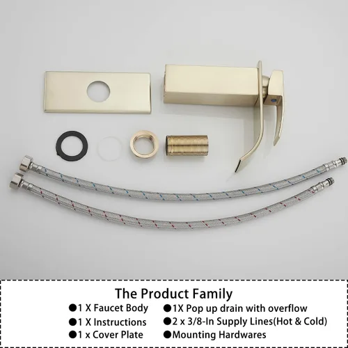 Miniatura 8 de Grifo de baño dorado cepillado GGStudy Waterfall Grifo de fregadero de baño Montaje en cubierta de una sola manija Grifo de tocador de baño