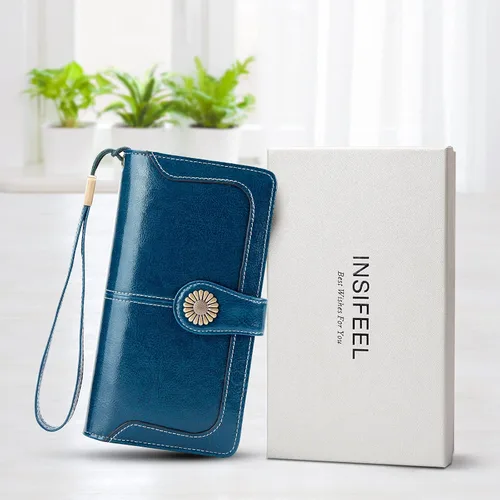 Miniatura 7 de INSIFEEL Billeteras para mujer de gran capacidad con protección RFID de cuero genuino, Azul marino