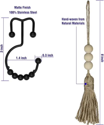 Miniatura 2 de Ganchos bohemios para cortina de ducha, anillos para decoración de baño, 12 piezas náuticas decorativas de acero inoxidable negro, resistentes a