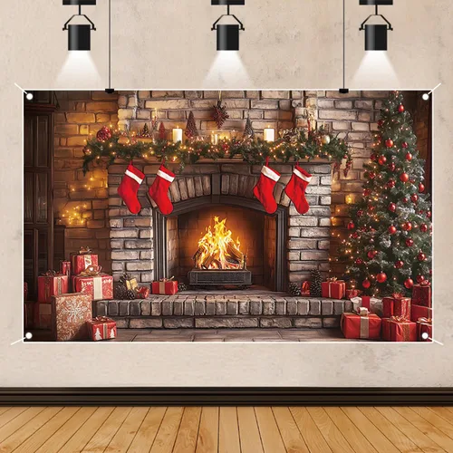 Miniatura 6 de Telón de fondo de chimenea de Navidad, 5.9 x 3.6 pies, medias de árbol de Navidad de invierno, regalos de fondo para niños, pancarta de fiesta