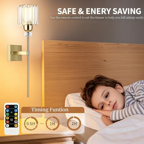 Miniatura 3 de Apliques de Pared Modernos Dorados con Iluminación a Batería, Juego de 2, Sin Cableado, Accesorio de Luces de Pared Recargables con Control Remoto