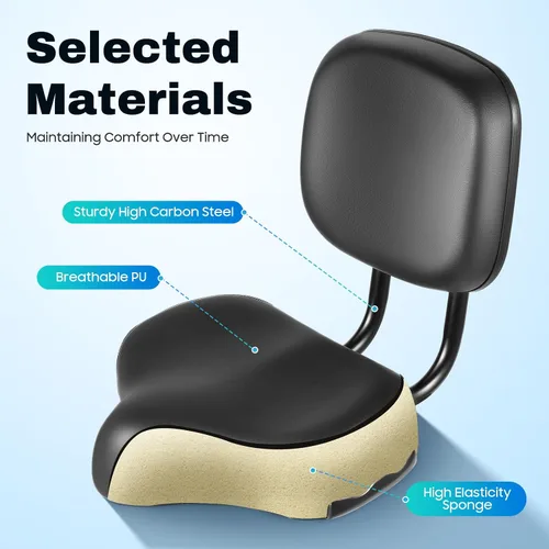 Miniatura 6 de Asiento de bicicleta con respaldo de gran tamaño, cómodo, repuesto de silla de montar de bicicleta, espuma viscoelástica suave, acolchado de piel