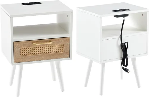 Miniatura 11 de Mesita de noche, mesa auxiliar con cajón decorativo de ratán y patas de madera maciza, mesa decorativa de madera con almacenamiento para dormitorio