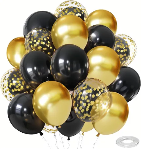 Globos de confeti negro y dorado, paquete de 50 globos de látex metálicos y negros dorados para cumpleaños, graduación, aniversario, decoración de
