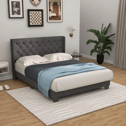 Miniatura 11 de Giantex Base de cama individual para niños, cama tapizada de tela moderna con cabecera capitoné con botones en la parte trasera de alas, base