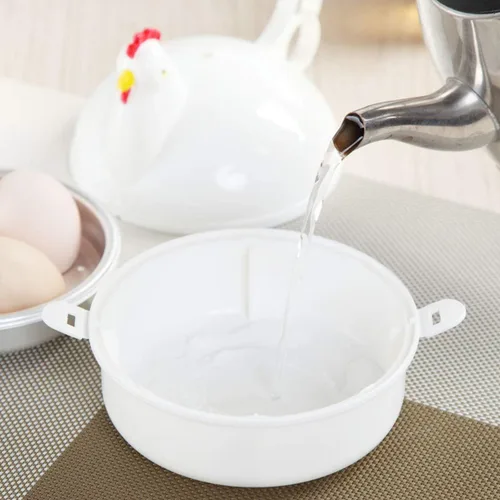 Miniatura 8 de Caldera de huevos para microondas, 4 capacidades escalfadoras de huevos, olla de huevo con forma de pollo, vaporera para desayuno en microondas