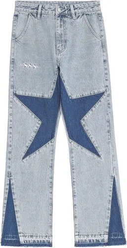 Harajuku Hip Hop - Pantalones de mezclilla para hombre, ropa urbana, diseño de llama, cruz, bloque de color, pantalones casuales, pantalones