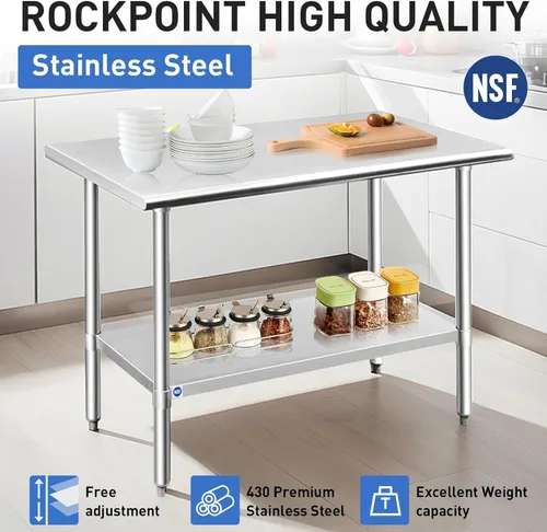 Miniatura 3 de ROCKPOINT Mesa de acero inoxidable para preparación y trabajo, 14x24 pulgadas; mesa de cocina comercial de metal NSF resistente con estante inferior