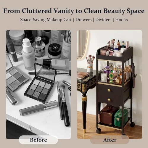 Miniatura 4 de Makeup Organizer Cart, Rolling Floor Skincare Organizer and Storage with 2 Wooden Drawers, Cosmetics Display Cases Holder for Skin Care Perfume Hair