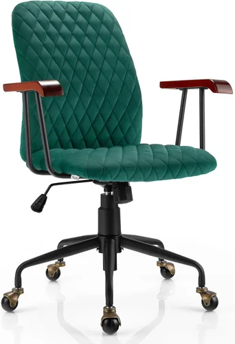 Giantex Silla de escritorio de oficina en casa, color verde, silla giratoria ajustable vintage con ruedas de cobre y reposabrazos, silla de ocio de