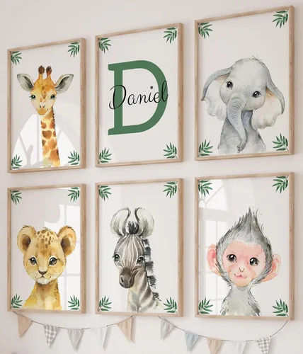 Miniatura 11 de Animales de safari personalizados para habitación de bebé, niño, niña, cuarto de bebé, juego de 3 impresiones sin marco, nombre personalizado, gris