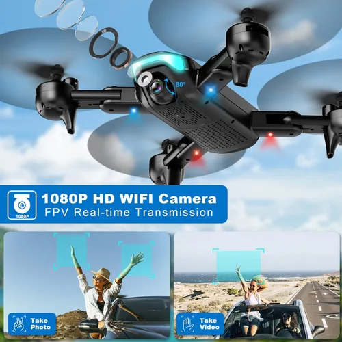 Miniatura 2 de Dron con cámara 1080P, dron plegable para principiantes con luz, altitud de retención mejorada, selfie por gesto, vuelo de puntos de referencia