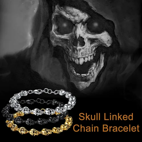 Miniatura 28 de U7 Pulseras góticas de calavera para hombres y mujeres, acero inoxidable, chapado en oro de 18 quilates, plata, negro, punk, esqueleto punk
