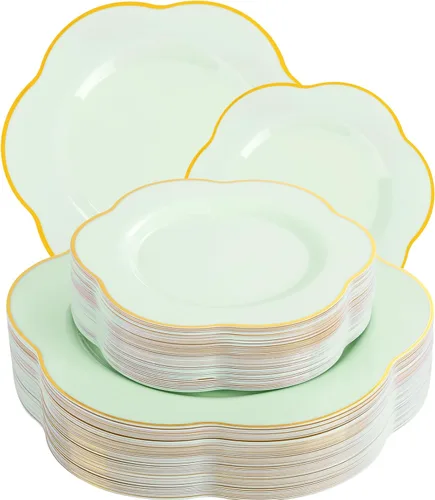 Miniatura 37 de Liacere 100 platos de plástico dorados, platos desechables de purpurina dorada para aperitivos, platos de ensalada/postre de plástico de alta