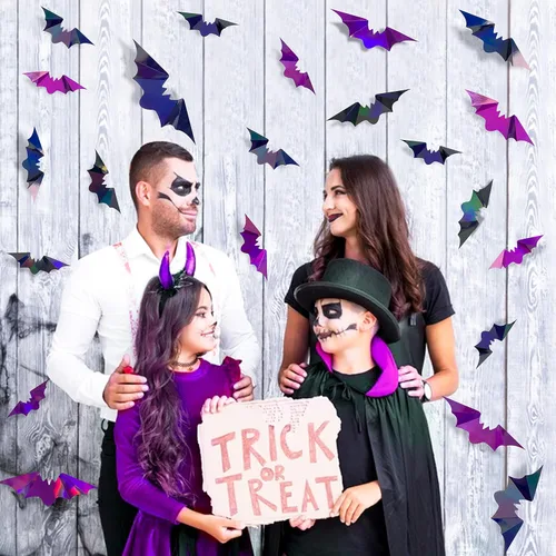 Miniatura 5 de 72 piezas de murciélagos para decoración de Halloween, murciélagos iridiscentes 3D, decoración de pared, papel holográfico negro y morado