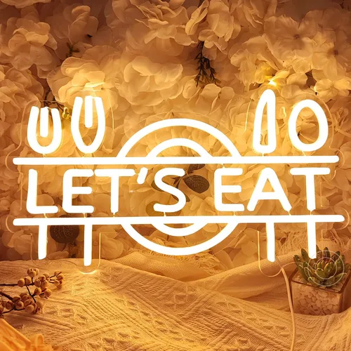 Miniatura 7 de SYLHOME Letrero de luz LED de neón con texto en inglés "Let's Eat", tenedor, cuchillo, cuchara, plato, plato para restaurante de alimentos, cocina