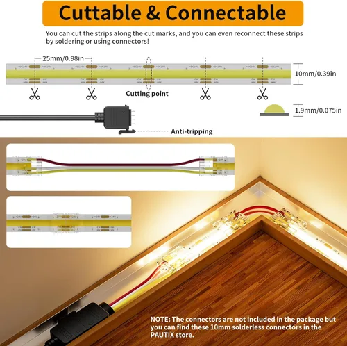 Miniatura 4 de PAUTIX COB Tira de Luz LED Blanca CCT Ajustable 3200LEDs, CRI90+ 16.4ft/5m Regulable 2700K-6500K 24V Cinta de Luz LED, para Bajo Gabinete Dormitorio