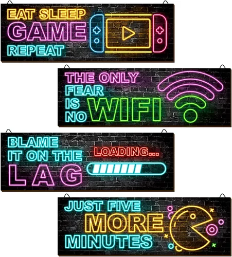 clothmile 4 piezas de decoración de juegos de neón para la habitación de los niños, arte de pared de videojuegos de madera, cita motivacional,