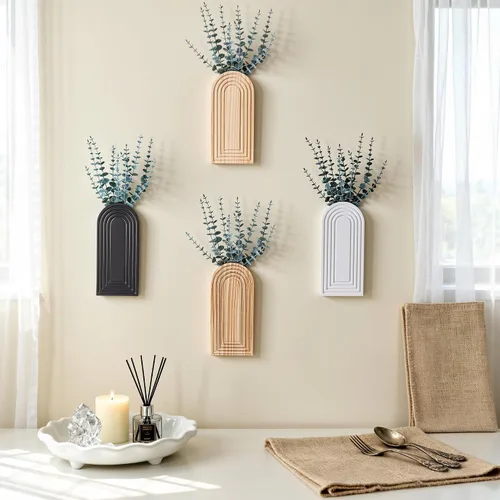 Miniatura 2 de DREAMLOOM Paquete de 2 jarrones de pared de madera con plantas artificiales de eucalipto, macetas para colgar en la pared, estilo bohemio y moderno