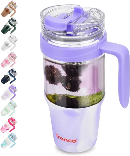 Miniatura 35 de Tronco Vaso de vidrio de 32 onzas con popote y tapa, tapa con popote 2 en 1 a prueba de fugas, botellas de agua de vidrio con asa, apto para Rosa
