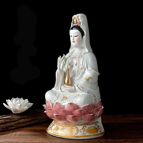 Miniatura 5 de Estatua de Guan Yin en Lotus – Estatua budista Avalokiteshvara Kuanyin – Regalo de Feng Shui (10 pulgadas)