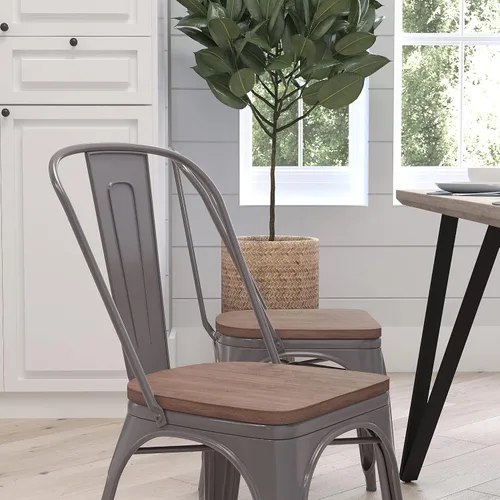 Miniatura 4 de Merrick Lane Silla de comedor apilable con respaldo de listones verticales de metal, marco recubierto transparente, asiento de madera de olmo