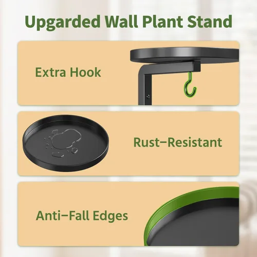 Miniatura 4 de LASZOLA 2 piezas de estantes de pared para plantas con ganchos para macetas de interior, soportes flotantes de ventana de metal resistente para Negro