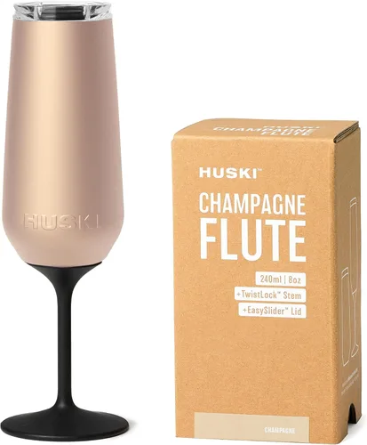 Huski Flauta de champán | Nuevo | Diseño galardonado con tallo desmontable | Copa de champán de acero inoxidable de alta calidad con tapa, vaso con