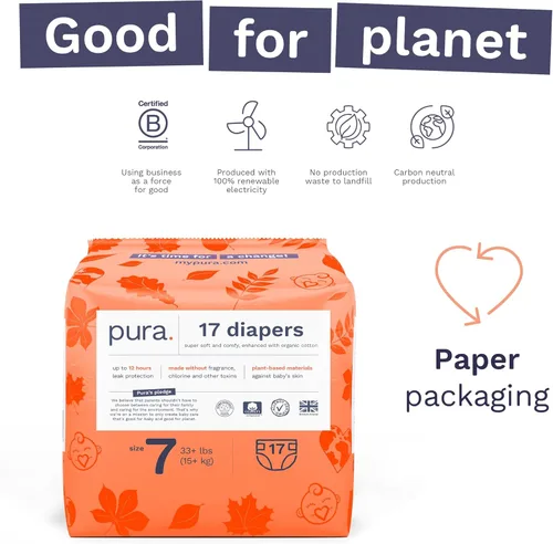 Miniatura 6 de Pura Pañales ecológicos talla 7 (33+libras) hipoalergénicos, TCF, algodón orgánico suave, sostenible, hasta 12 horas de protección contra fugas