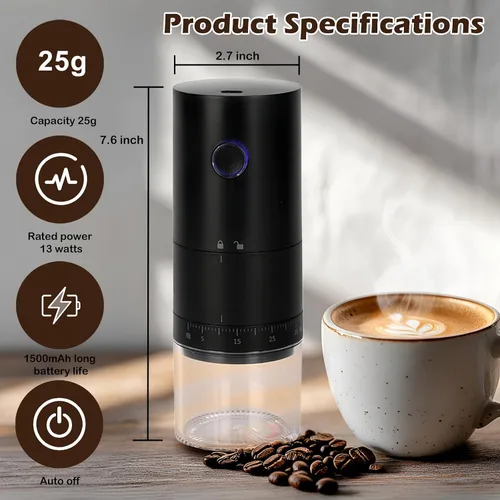 Miniatura 2 de Molinillo de café eléctrico portátil con 38 ajustes de molienda ajustables, batería recargable de 1500 mAh, molinillo de café portátil