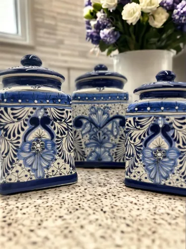 Botes de Talavera XL hechos a mano en azul y blanco, juego de arte popular de 3 piezas | Auténtico almacenamiento de cocina de cerámica mexicana