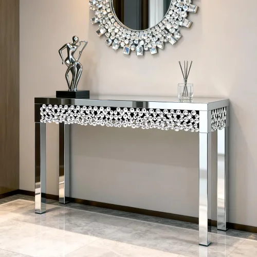 Miniatura 10 de Modernas mesas de consola de entrada con espejo con incrustaciones de diamante triturado dorado, mesa de pasillo plateada de 39.37 pulgadas de largo