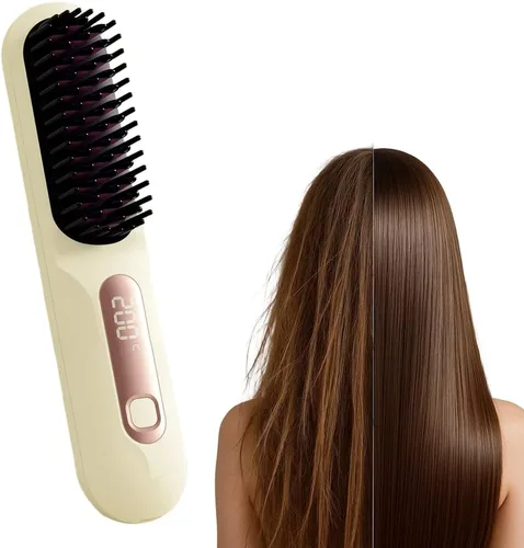Miniatura 9 de Cepillo alisador portátil profesional para viajes, mini cepillo alisador de pelo inalámbrico con pantalla LCD, cepillo de peinado recargable por USB