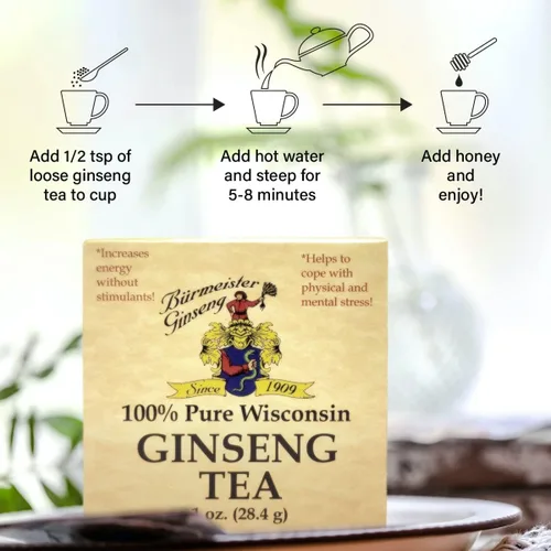 Miniatura 4 de Burmeister Ginseng Té suelto de ginseng americano cultivado en Wisconsin, paquete de 1 oz, aumenta la energía, afronta el estrés