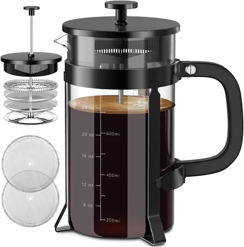 Miniatura 25 de QUQIYSO Cafetera de prensa francesa de acero inoxidable 304 con 4 filtros, resistente al calor, duradera, fácil de limpiar, prensa de café de vidrio