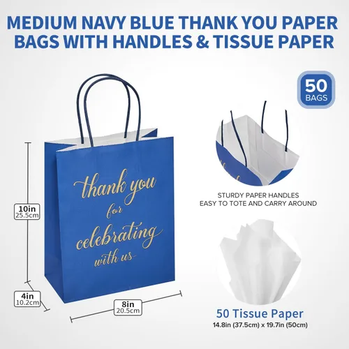 Miniatura 3 de DjinnGlory Paquete de 50 bolsas de regalo de papel de bienvenida de tamaño mediano color azul marino de 10 x 8 x 4 pulgadas, bolsas