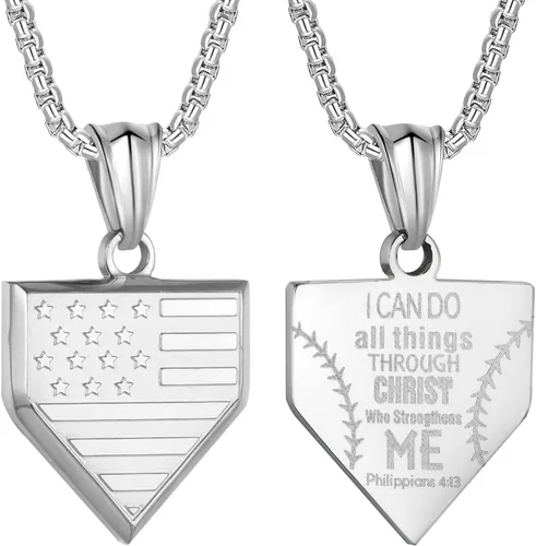 Collar de placa de béisbol para hombre, con colgante de escudo de bandera de Estados Unidos, cadena de acero inoxidable de 22 + 2 pulgadas, joyería