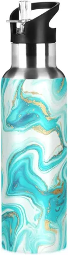 Stainless Steel Vacuum Insulated Water Bottle 32 Oz, Leakproof Water Bottles for Gym Outdoor Travel School, Marble Aqua Blue