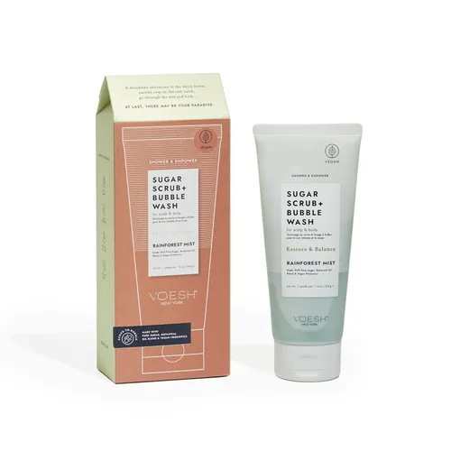 VOESH Exfoliante de azúcar + lavado de burbujas, exfoliante corporal y gel de baño, niebla de la selva tropical, exfoliante para el cuero cabelludo,