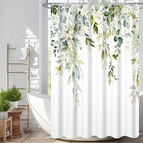 Miniatura 29 de Cortina de ducha de eucalipto verde salvia Velaequezii con plantas de acuarela, hojas botánicas de primavera impresas, cortina de baño impermeable
